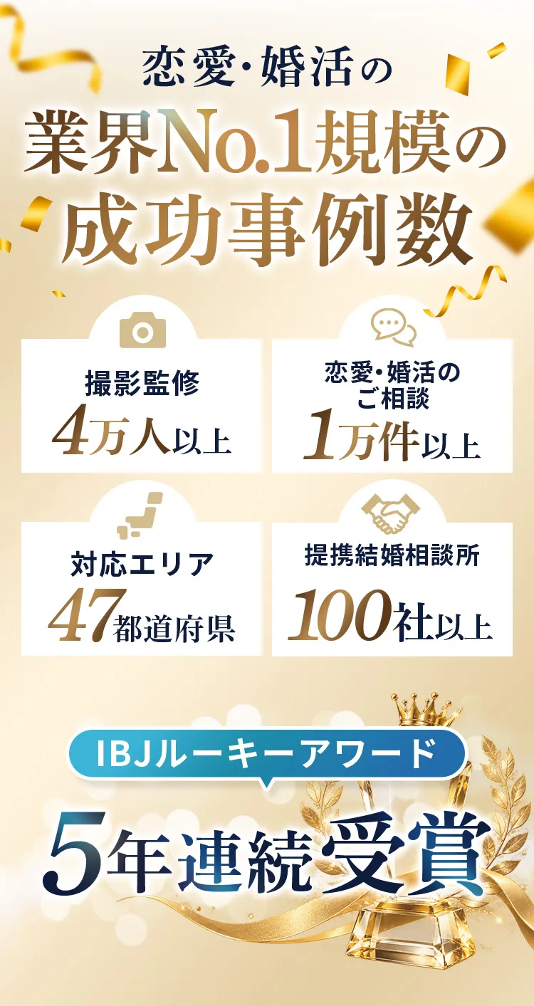 撮影監修4万人以上、恋愛・婚活相談1万件以上、47都道府県対応、提携結婚相談所100社以上、IBJルーキーアワード5年連続受賞
